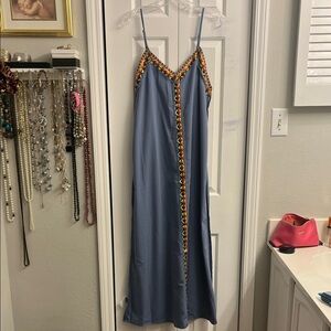 Blue Maxi Slip Dress with Colorful Trim. NEVER WORN